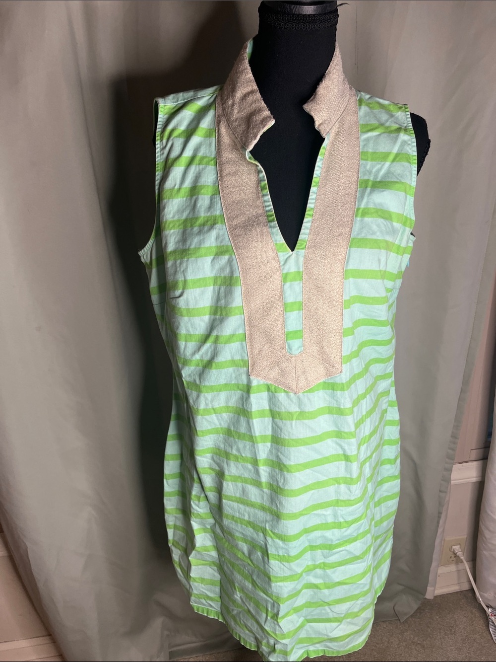 Sails to Sable Sleeveless Green Striped Tunic Dress with Natural Trim